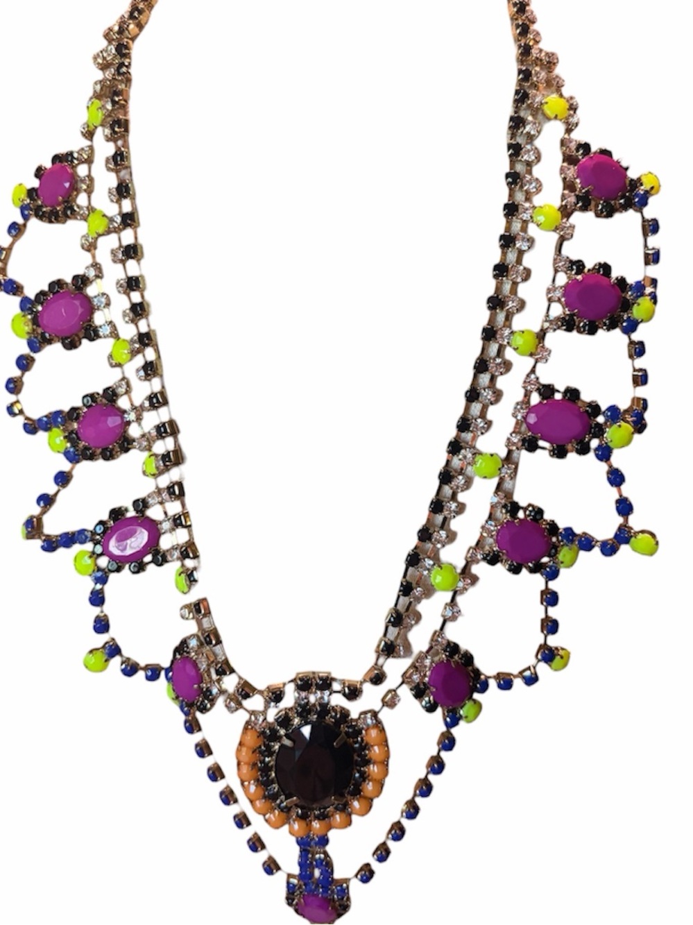Multicolor Statement Bib Necklace with Pink, Blue & Yellow Accents
